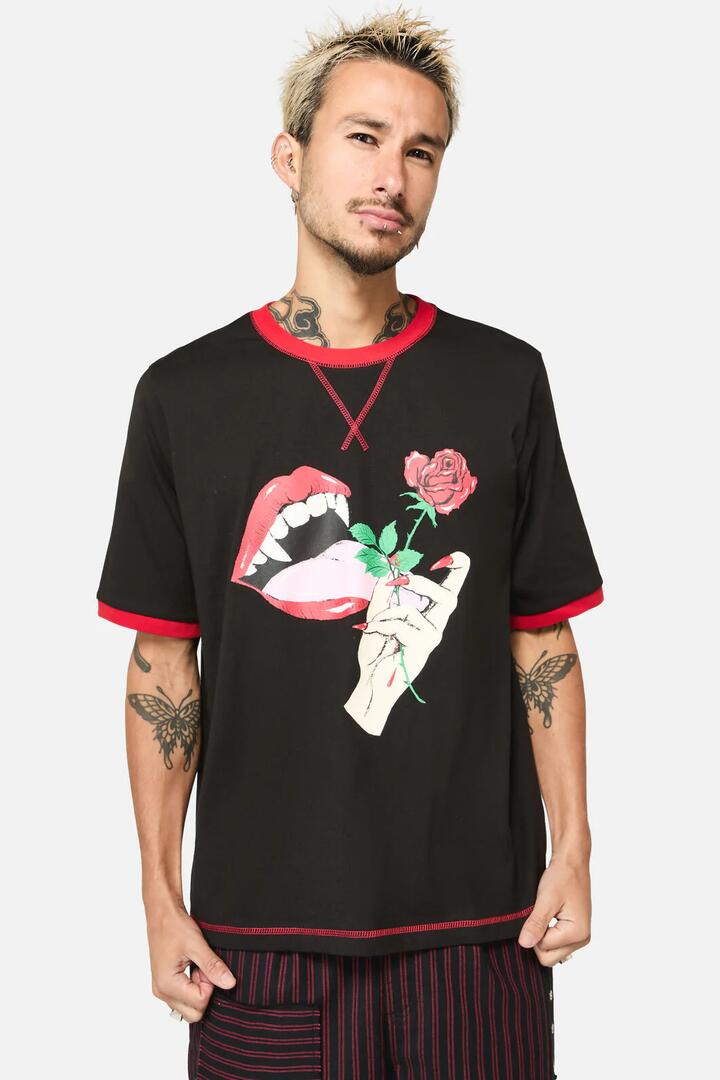 Image of a model wearing Tops. Productname: Vampy Print Tee in Black colour by brand - Black Friday