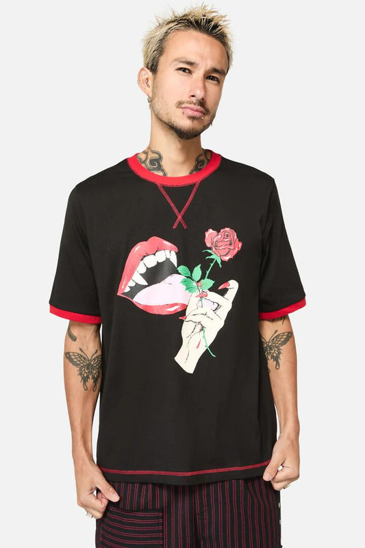 Image of a model wearing Tops. Productname: Vampy Print Tee in Black colour by brand - Black Friday