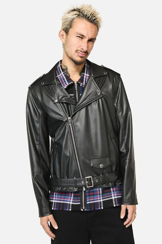 Image of a model wearing Outerwear. Productname: Scorpion Embossed PU Jacket in Black colour by brand - Dangerfield