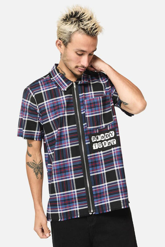 Image of a model wearing Tops. Productname: Edgy Tartan SS Shirt in Blue/Red colour by brand - Dangerfield