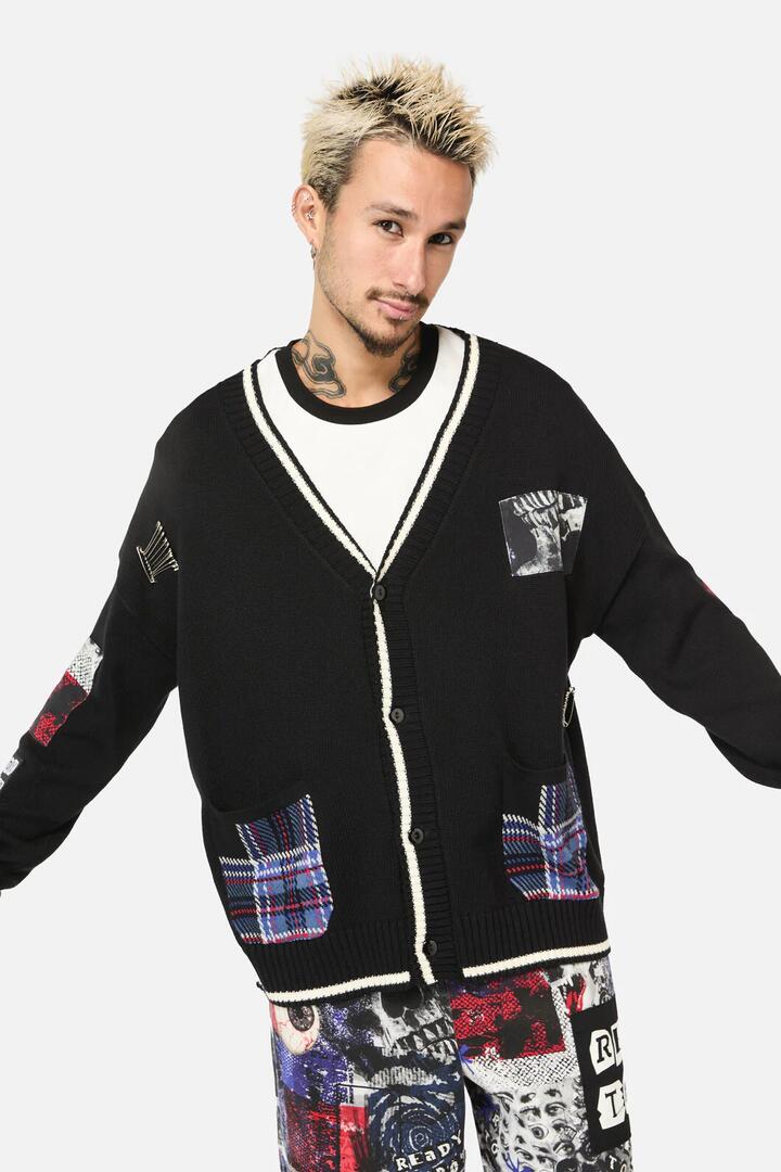 Image of a model wearing Outerwear. Productname: Rot Grunge Cardi in Black colour by brand - Dangerfield