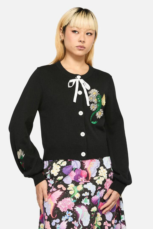 Image of a model wearing Outerwear. Productname: Dragons Grove Cardigan in Black colour by brand - Black Friday
