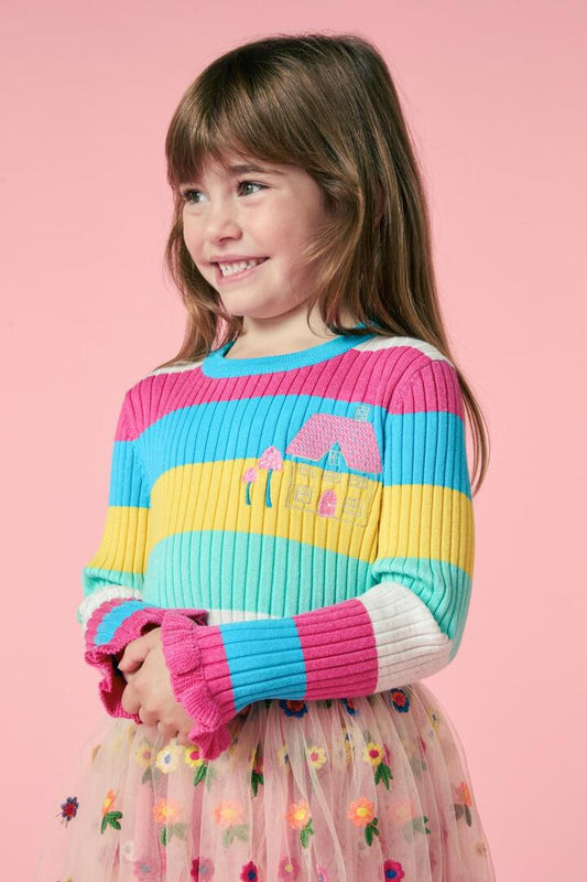 Image of a model wearing Tops. Productname: Cottage Stripe Kids Rib Top in Multi colour by brand - Princess Highway Kids