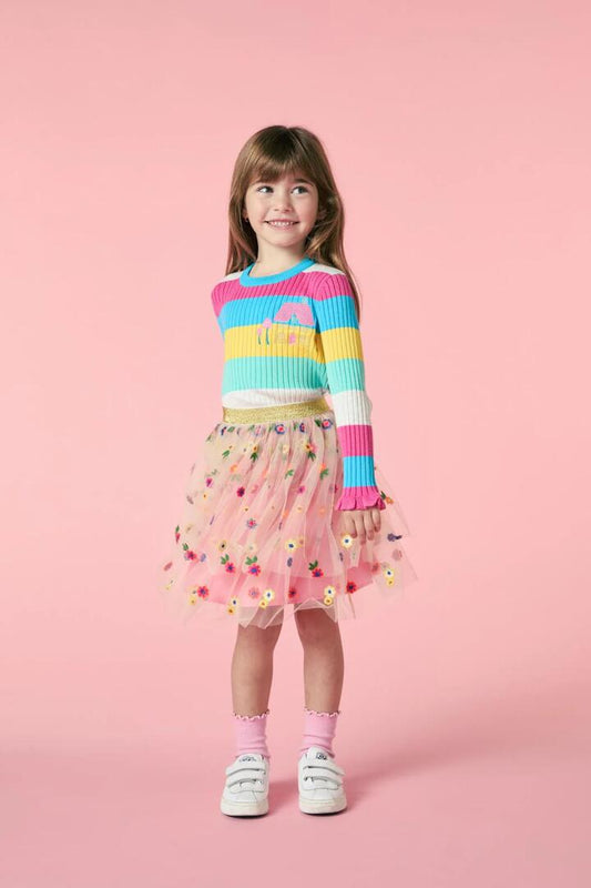 Image of a model wearing Skirts. Productname: Flora Emb Kids Skirt in Multi colour by brand - Princess Highway Kids