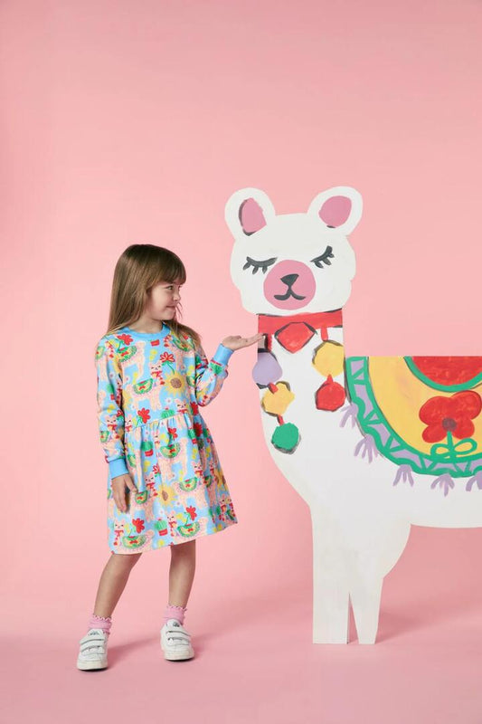 Image of a model wearing Dress. Productname: Llama Kids Dress in Blue colour by brand - Princess Highway Kids