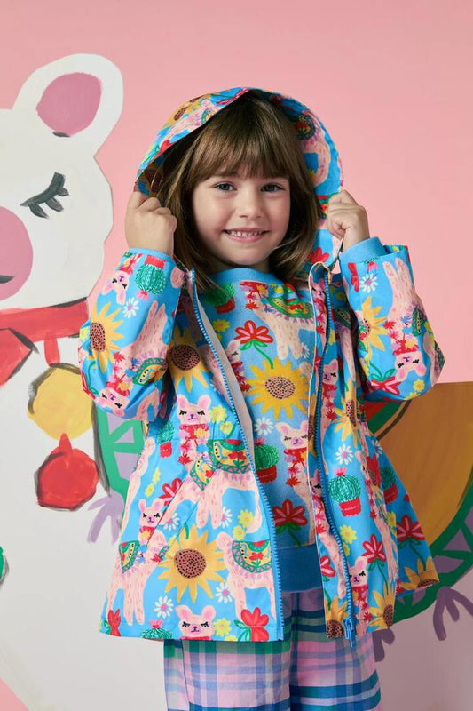Image of a model wearing Rain Coats. Productname: Llama Kids Raincoat in Blue colour by brand - Princess Highway Kids
