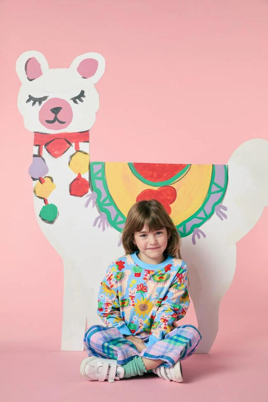 Image of a model wearing Outerwear. Productname: Llama Kids Sweater in Blue colour by brand - Princess Highway Kids