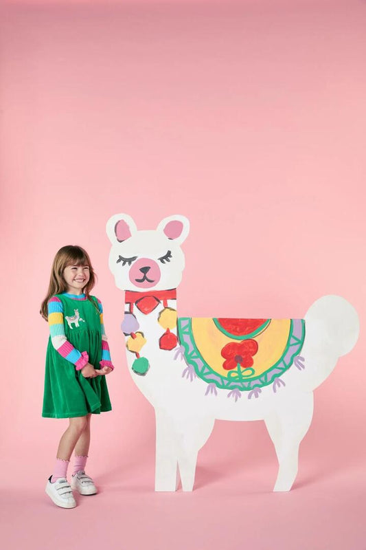 Image of a model wearing Outerwear. Product name - Llama Kids Velour Tunic in Green colour by brand - Princess Highway Kids