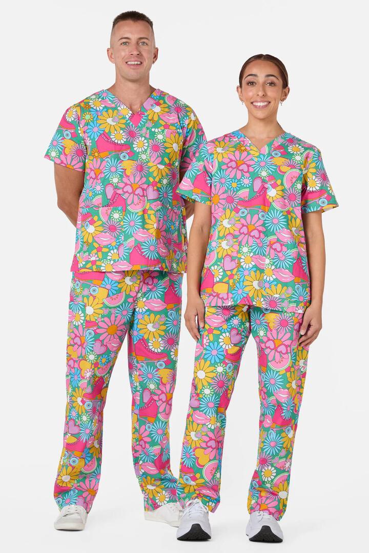Image of a model wearing Uniforms & Workwear. Productname: Malibu Summer Scrub Set in Green colour by brand - Scrubs With Love