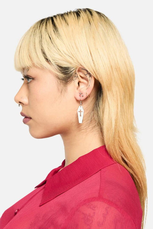 Image of Earrings. Productname: Coffin Cross Earrings in Silver colour by brand - Dangerfield