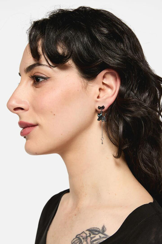 Image of Earrings. Productname: Bow Cat Drop Earrings in Black colour by brand - Dangerfield