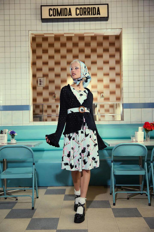 Image of a model wearing Dress. Productname: Pussy Willow Midi Dress in Blue colour by brand - Dangerfield