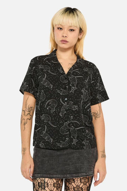 Image of a model wearing Shorts. Productname: Ratbag Short Sleeved Grunge Blouse in Black colour by brand - Black Friday