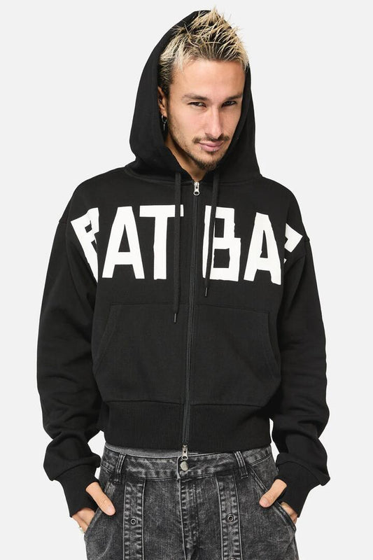 Image of a model wearing Outerwear. Productname: Ratbag Crop Grunge Hoodie in Black colour by brand - Black Friday