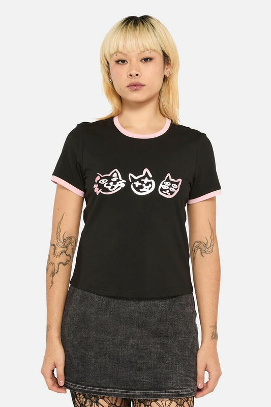 Image of a model wearing Tops. Productname: Laneway Placement Cat Fitted Tee in Black colour by brand - Black Friday