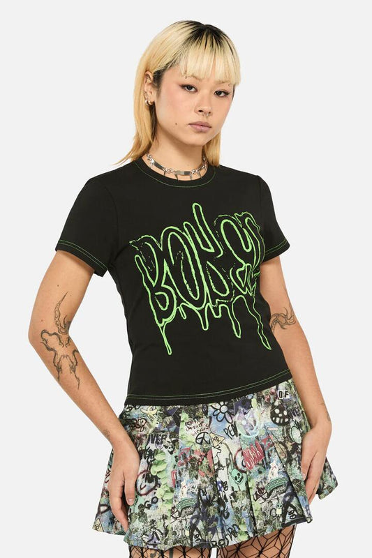 Image of a model wearing Tops. Productname: Laneway Bored Tee in Black colour by brand - Black Friday