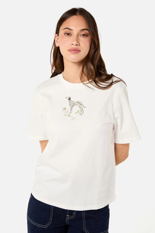 Image of a model wearing Tops. Productname: Dalmatians Printed Tee in Cream colour by brand - Princess Highway