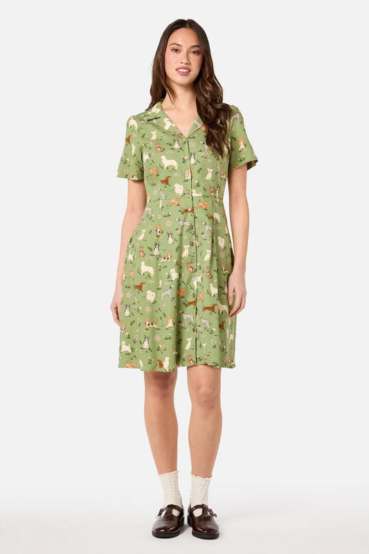 Image of a model wearing Dress. Productname: Cute Dogs Shirt Dress in Green colour by brand - Princess Highway