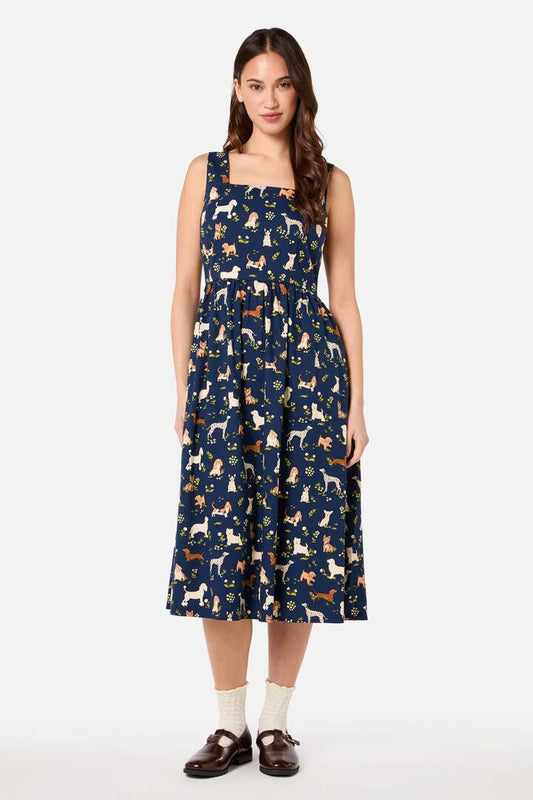 Image of a model wearing Dress. Productname: Cute Dogs Midi Dress in Navy colour by brand - Princess Highway