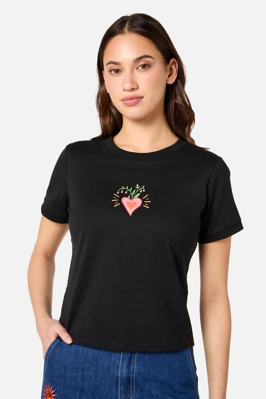 Image of a model wearing Tops. Productname: Folk Art Printed Tee in Black colour by brand - Princess Highway