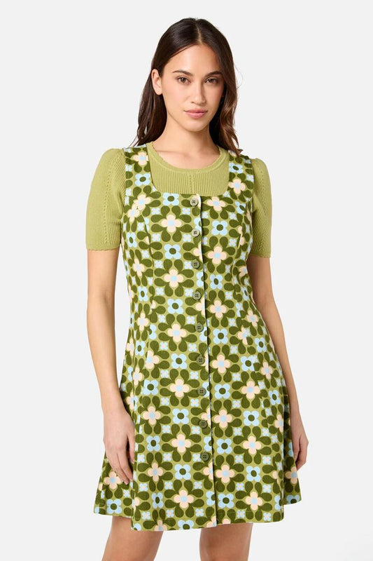Image of a model wearing Dress. Productname: Ginny 60's Mini Pinafore in Green colour by brand - Princess Highway