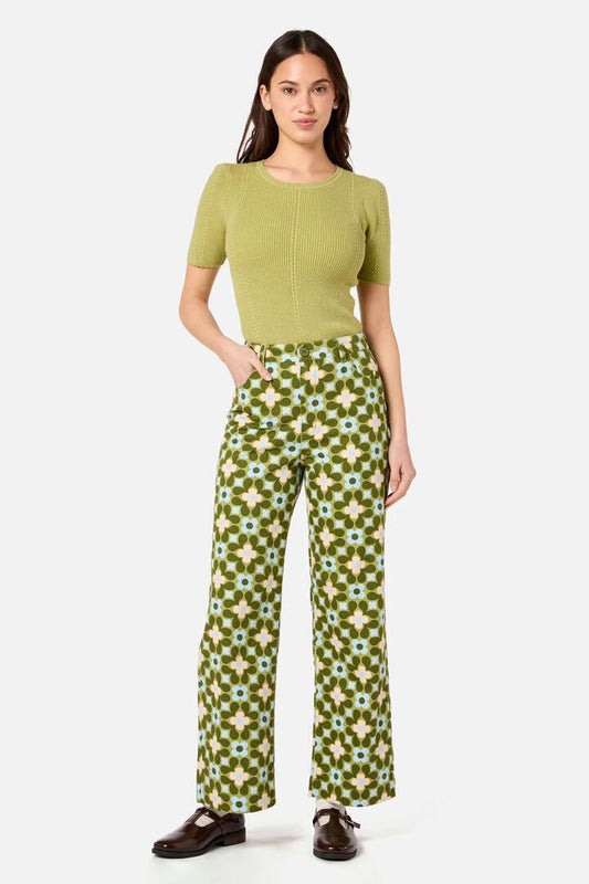 Image of a model wearing Denim. Productname: Ginny 60's Printed Jean in Green colour by brand - Princess Highway