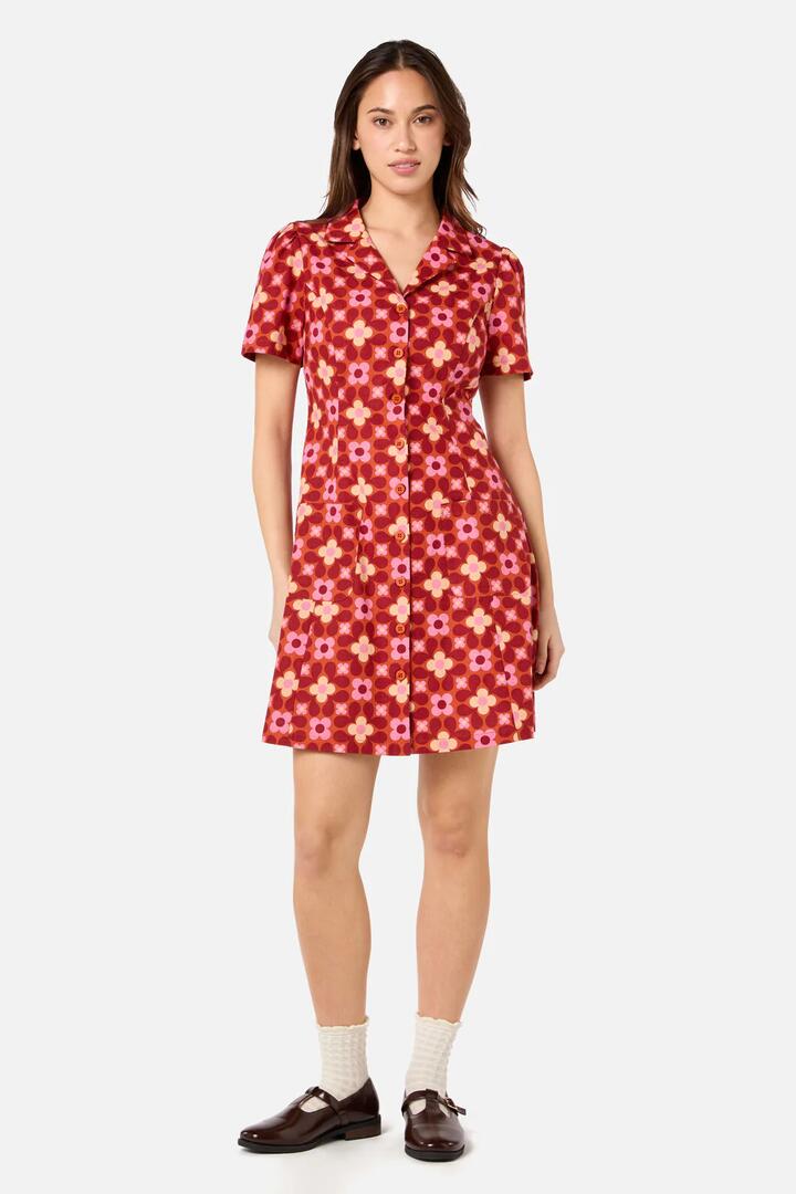 Image of a model wearing Dress. Productname: Ginny 60's Mini Dress in Rust colour by brand - Princess Highway