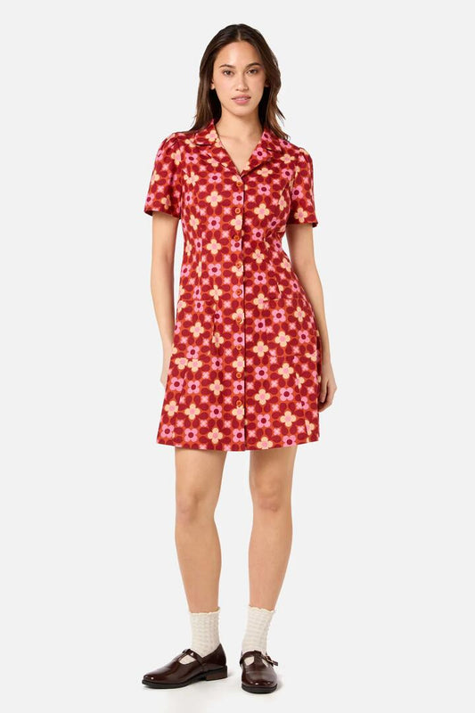 Image of a model wearing Dress. Productname: Ginny 60's Mini Dress in Rust colour by brand - Princess Highway