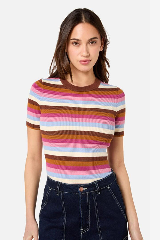 Image of a model wearing Tops. Productname: Skye Stripe Rib Knit Top in Green Multi colour by brand - Princess Highway