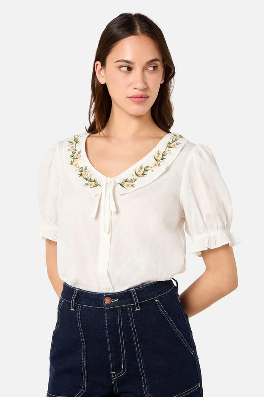 Image of a model wearing Tops. Productname: Esme Embroidered Blouse in Cream colour by brand - Princess Highway