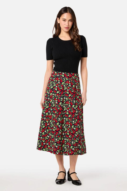 Image of a model wearing Skirts. Productname: Raspberry Midi Skirt in Navy colour by brand - Princess Highway