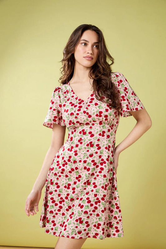 Image of a model wearing Dress. Productname: Raspberry Mini Dress in Pink colour by brand - Princess Highway