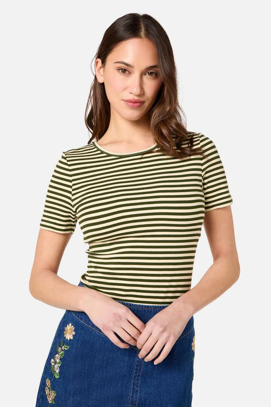 Image of a model wearing Tops. Productname: Penny Stripe Tee in Olive/Cream colour by brand - Princess Highway
