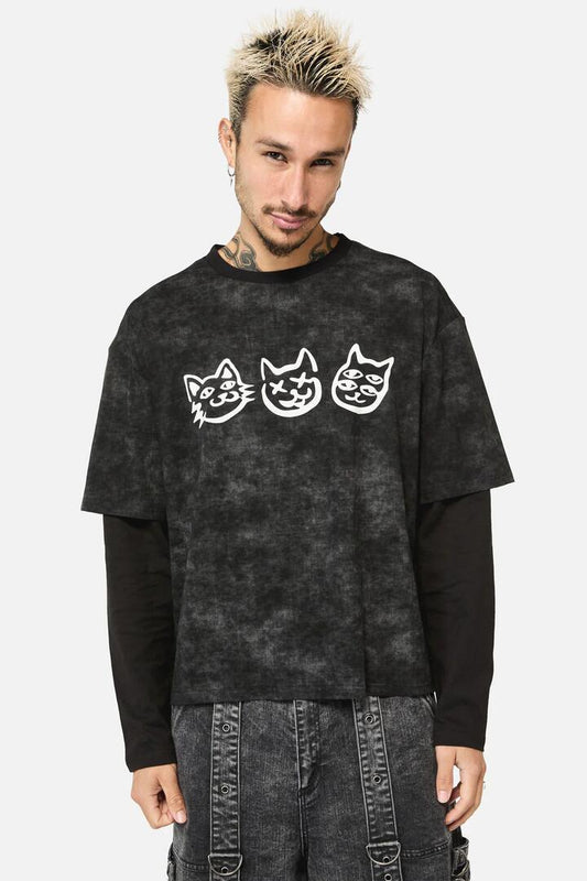 Image of a model wearing Tops. Productname: Laneway Graff Acid Wash Tee in Grey colour by brand - Black Friday