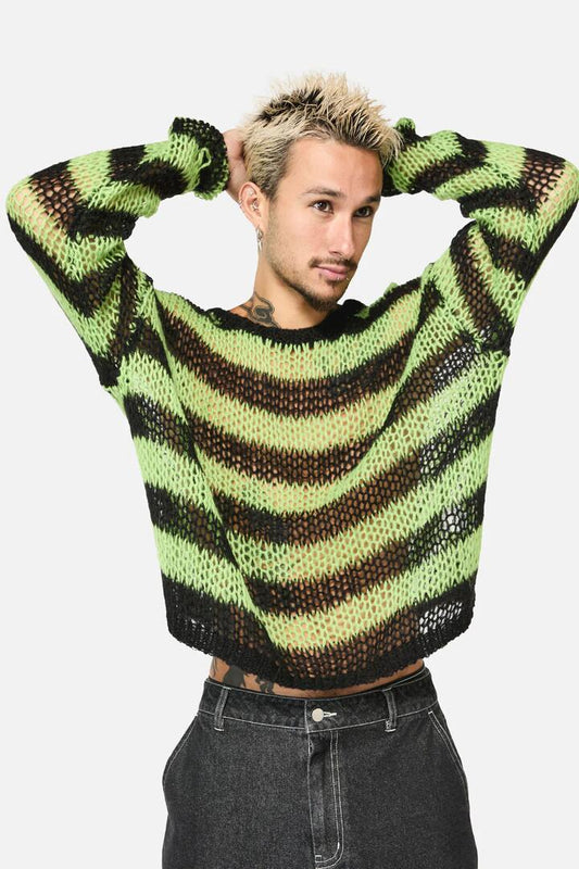 Image of a model wearing Tops. Productname: Laneway Distressed Stripe Knit Top in Black/Green colour by brand - Black Friday
