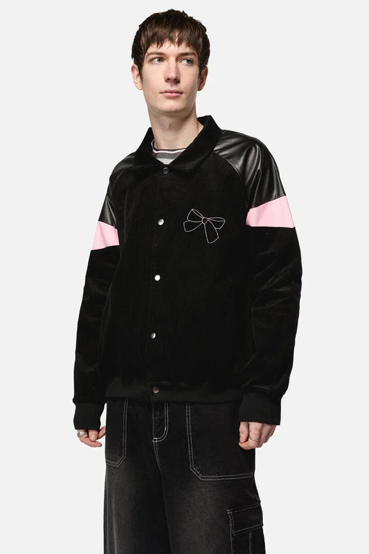 Image of a model wearing Outerwear. Productname: Catkins Chord Panel Bomber Jacket in Black colour by brand - Dangerfield