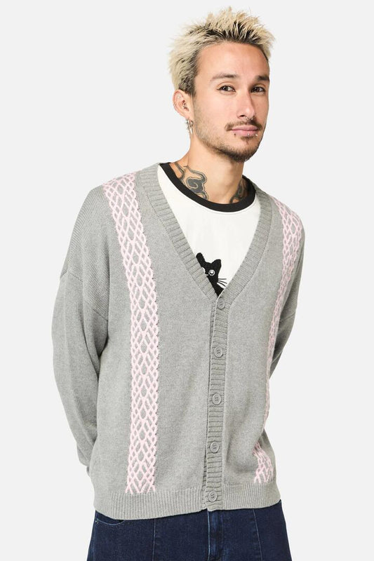 Image of a model wearing Outerwear. Productname: Forgotten City Cable Knit Unisex Cardi in Grey colour by brand - Dangerfield