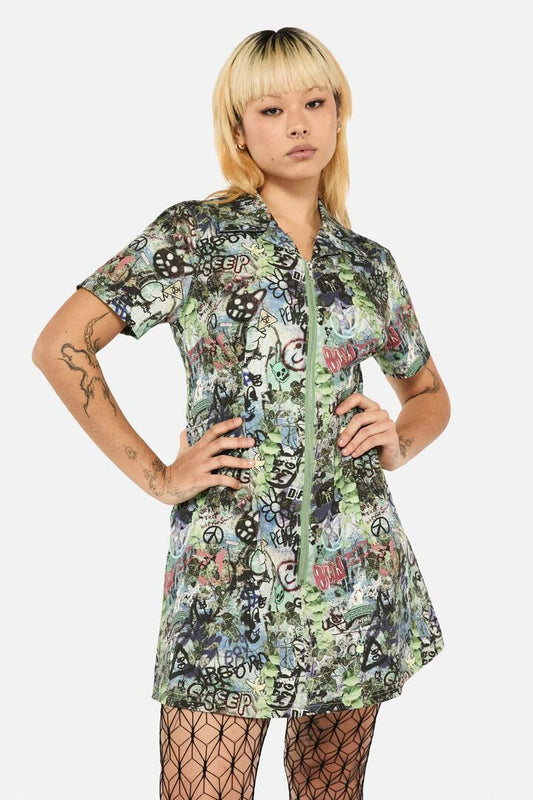 Image of a model wearing Dress. Productname: Laneway Zip Print SS Skater Dress in Multi colour by brand - Black Friday