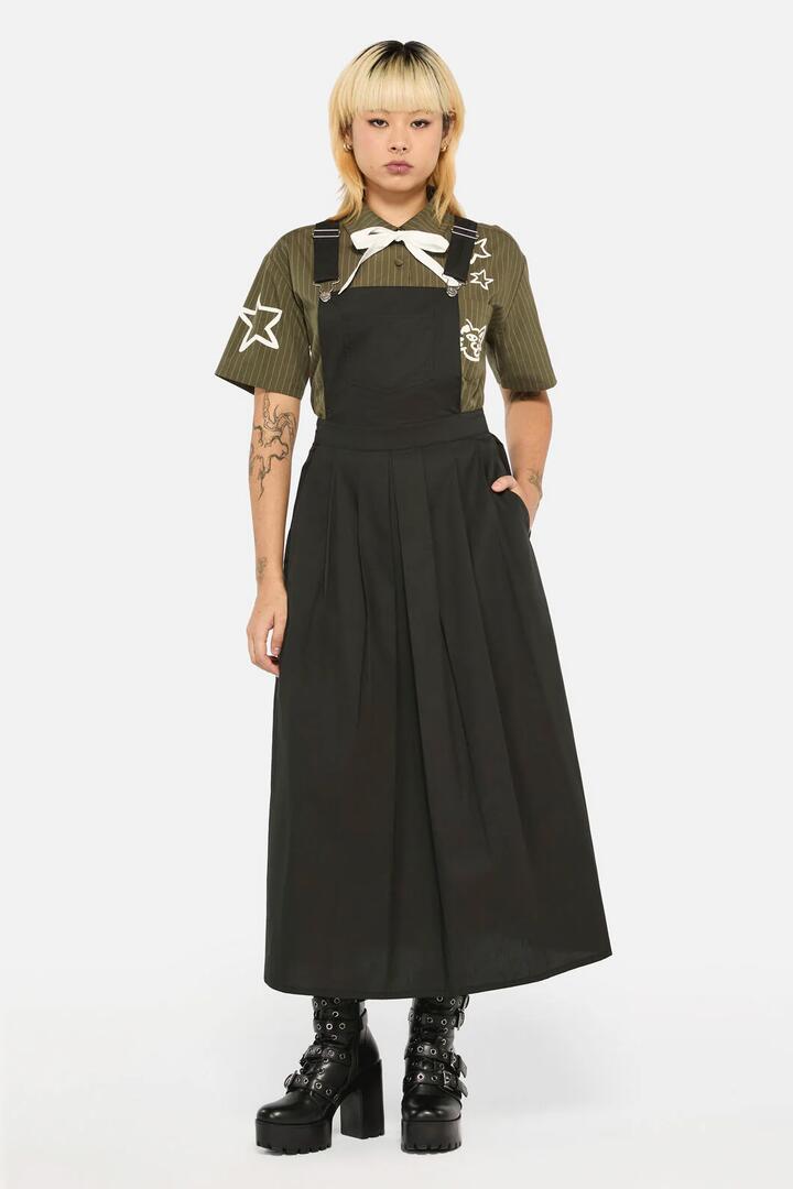 Image of a model wearing Dress. Productname: Basic Maxi Length Pinafore in Black colour by brand - Black Friday