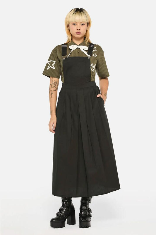 Image of a model wearing Dress. Productname: Basic Maxi Length Pinafore in Black colour by brand - Black Friday