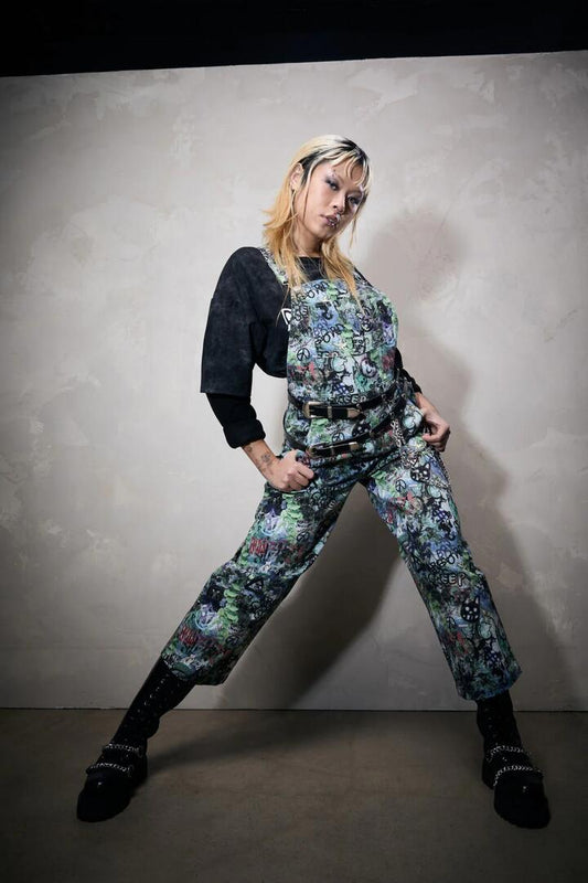 Image of a model wearing Pants. Productname: Laneway Print Drill Overalls in Multi colour by brand - Black Friday