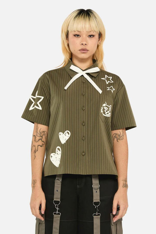 Image of a model wearing Tops. Productname: Graff Pinstripe Relaxed Blouse in Khaki colour by brand - Black Friday