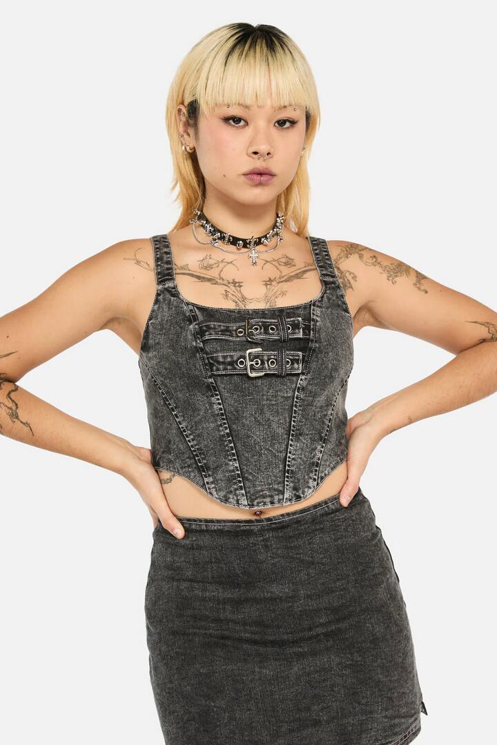 Image of Accessories. Productname: Laneway Acid Wash Belt Corset Top in Grey colour by brand - Black Friday
