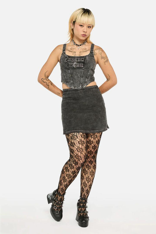 Image of a model wearing Skirts. Productname: Ratbag Acid Wash Fitted Mini Skort in Grey colour by brand - Black Friday