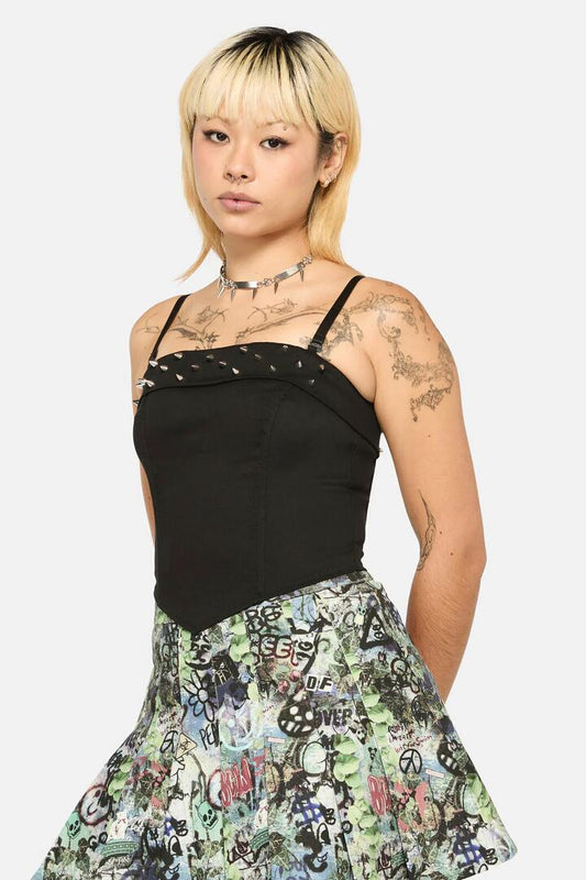 Image of a model wearing Tops. Productname: Laneway Studs Fitted Top in Black colour by brand - Black Friday