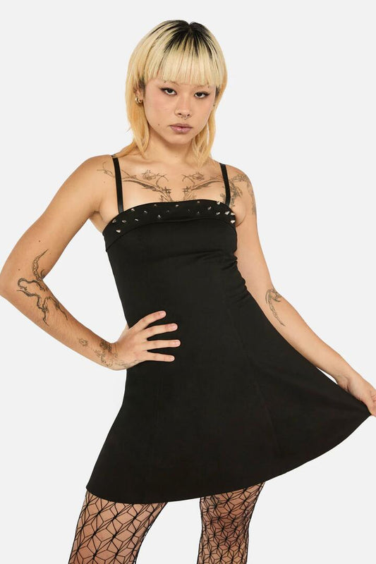 Image of a model wearing Dress. Productname: Laneway Studs Flared Dress in Black colour by brand - Black Friday