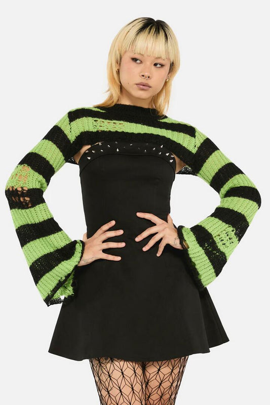 Image of a model wearing Tops. Productname: Toxic Stripe Knit Sleeves in Black/Green colour by brand - Black Friday