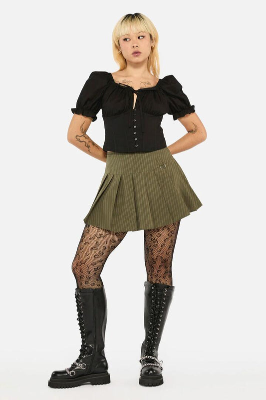 Image of a model wearing Skirts. Productname: Graff Pinstripe Skort in Olive colour by brand - Black Friday
