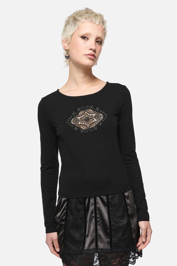 Image of a model wearing Tops. Productname: Full Sun Lace Top in Black colour by brand - Dangerfield