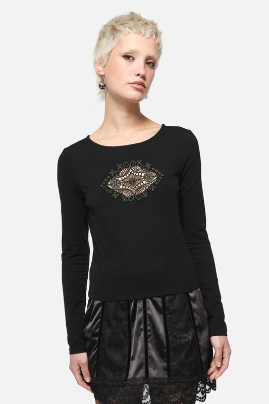 Image of a model wearing Tops. Productname: Full Sun Lace Top in Black colour by brand - Dangerfield